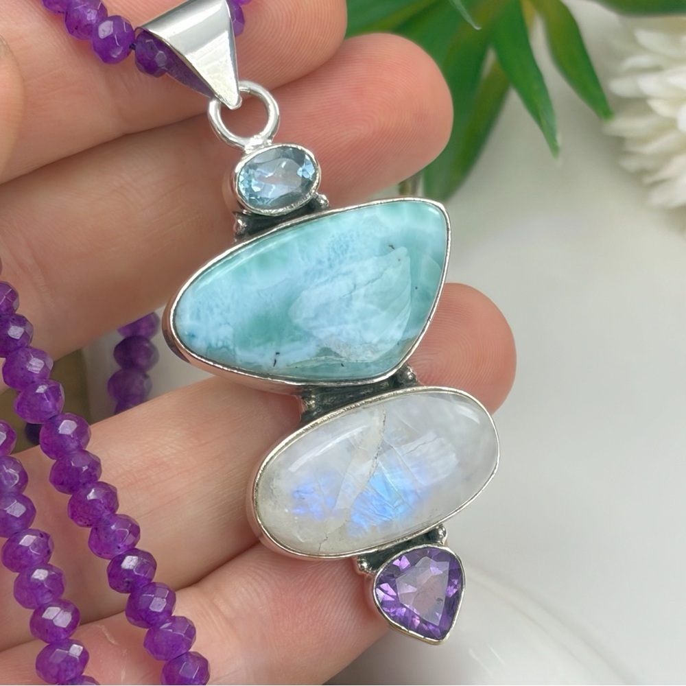 Southwest Aquamarine Larimar Moonstone an Amethyst Pendant Necklace 925 New